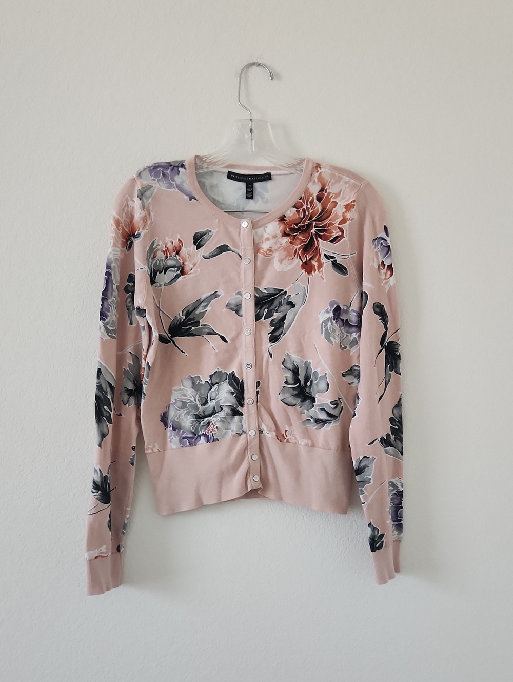 White House Black Market Pink Floral Button-Up Cardigan